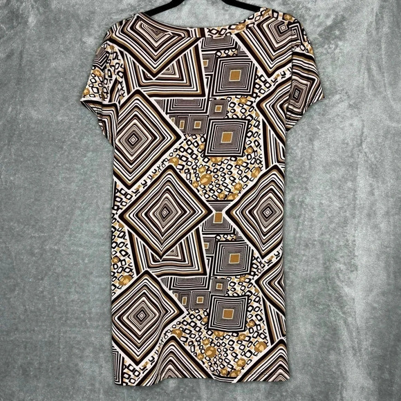 Lia Lee 2X Shirt Top Brown Geometric Cap Short Sleeve Scoop Neck Stretch Womens - Picture 4 of 5